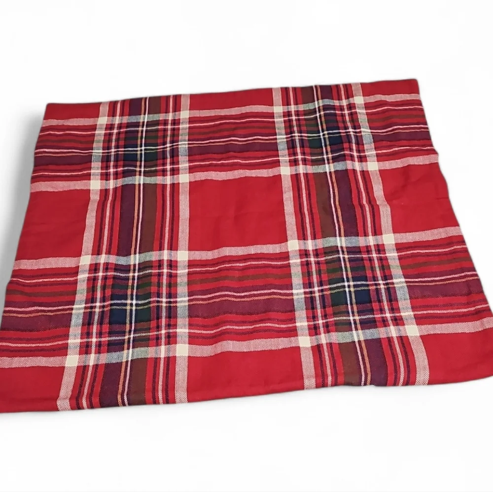 Pottery Barn Love Script Reversible Plaid Pillow Cover, Red Khaki Rustic NWT